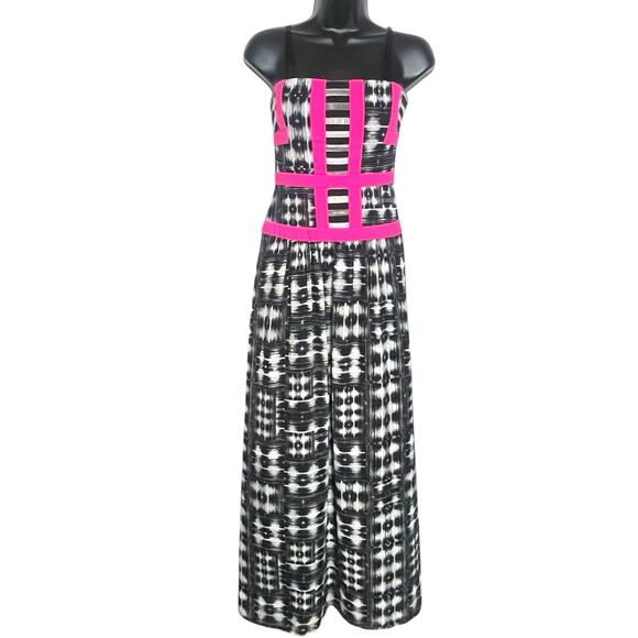 BCBG MAX AZRIA GRACELYNN MAXI COCKTAIL DRESS BLACK WHITE PINK IKAT EUC SIZE 4 - Picture 1 of 5